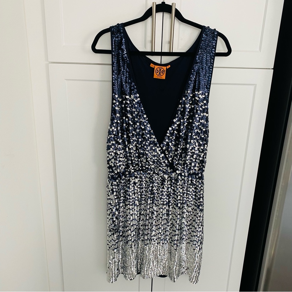 Tory Burch sequin holiday low neck dress medium navy silver sequins glitter nwot